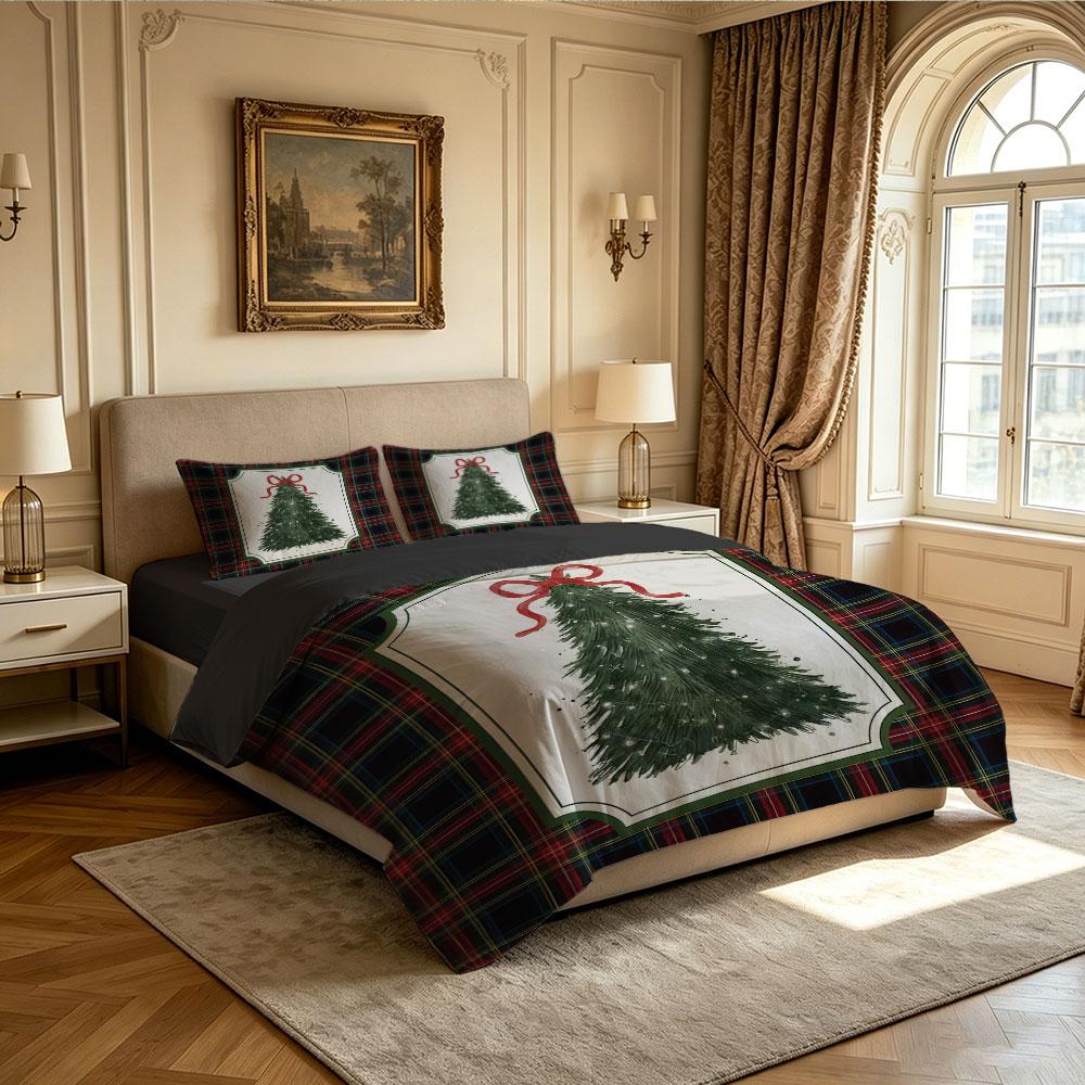 3pcs Christmas Tree Plaid Print Duvet Cover Set Holiday Festive Soft Microfiber Bedding Set with Pillowcases Quilt Cover Decor