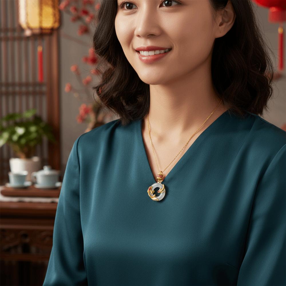 Hollow Round Koi Peace Buckle Necklace Chinese Style Lucky Pendant Gift for Women