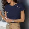 Women'S Elegant Button-Front T-Shirt with Golden Button Details Faux Pockets Casual Chic Style, Date Night Outfit, Decorative Front Buttons