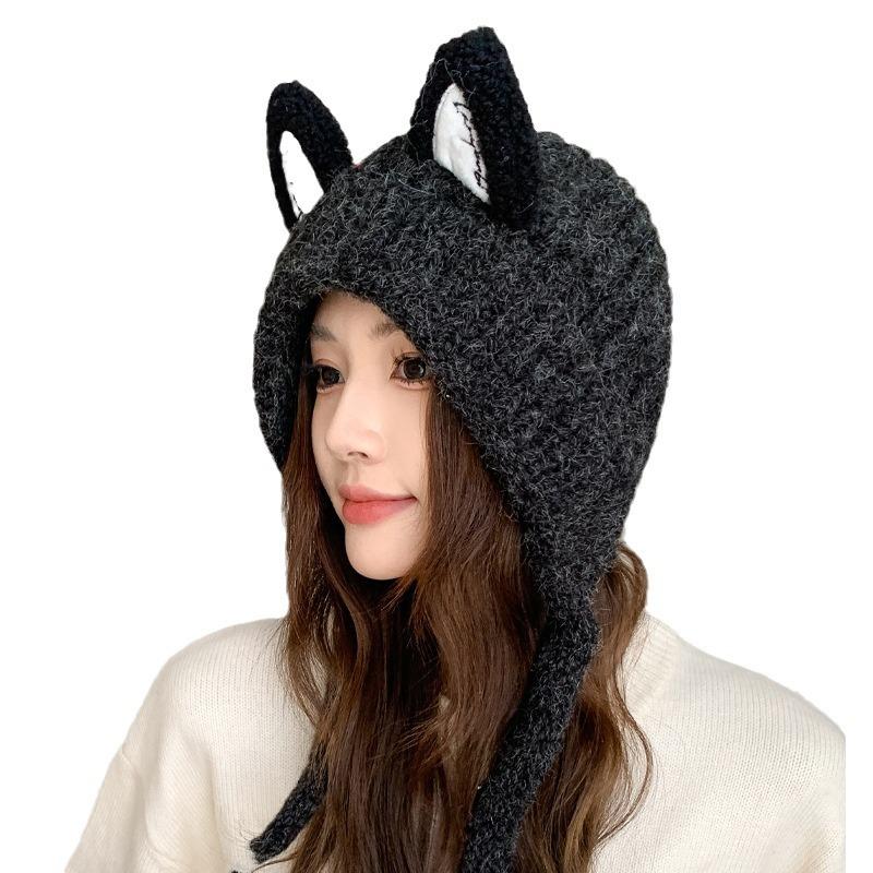 Autumn and winter cute fox ears knitted wool hat children warm braids straps ear protectors show face small cold hat