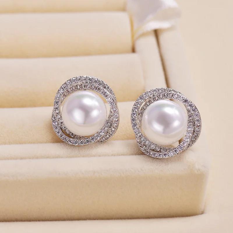 

2024 New Charm Double Looped Pearl Shiny Zircon Stud Earrings for Women Classic Simple Fashion Wedding Bride Zircon Accessories мідний