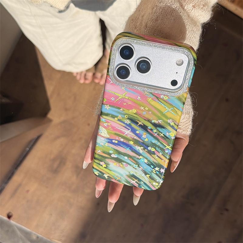Colorful Rainbow Brushstroke Star Glitter Phone Case For iPhone 15 16 17 Pro Max INS Artistic Y2K Style Large Window Shockproof