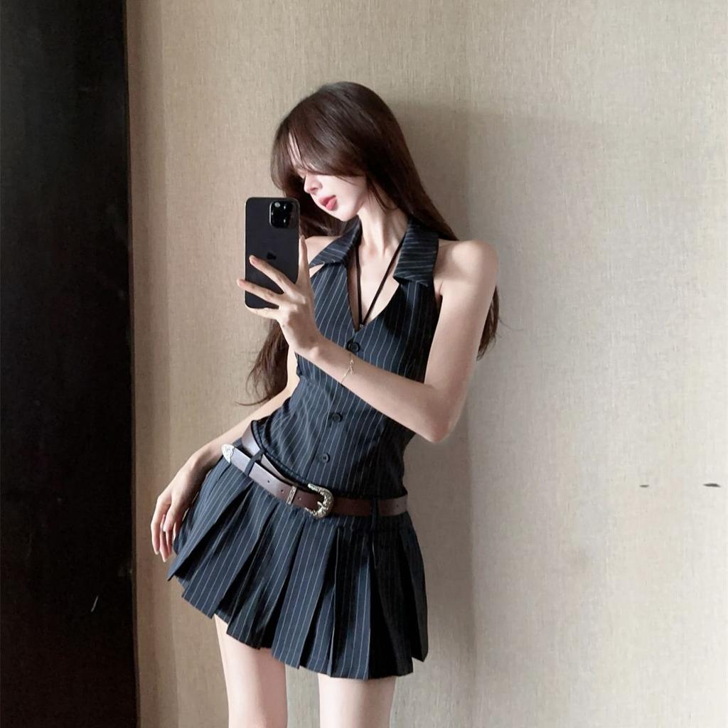 Summer Sea Salt Mint V-shaped Backless Suit Pleated Hem Striped Refreshing Neck Sleeveless Dress