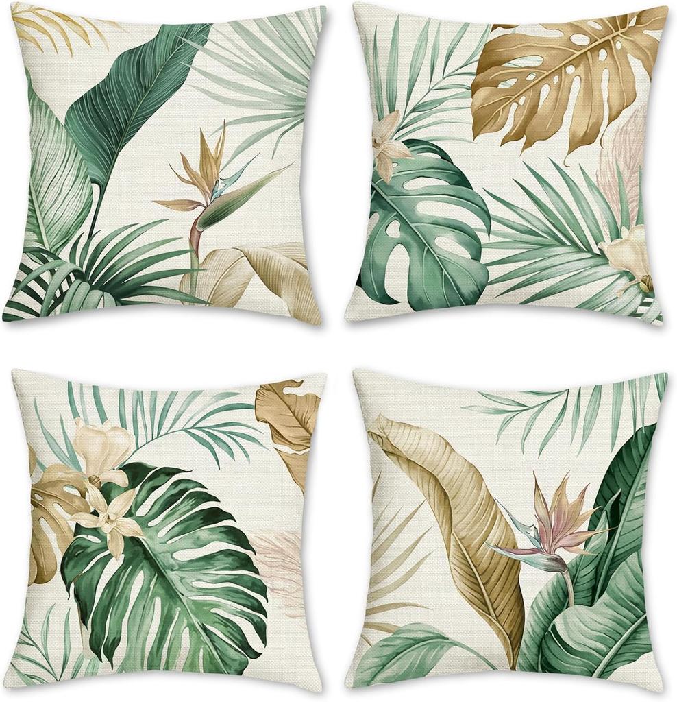4Pcs Tropical Leaf Cushion Covers, Vibrant Green Monstera & Palm Print Pillow Cases For Sofa Bedroom Living Room 45X45Cm