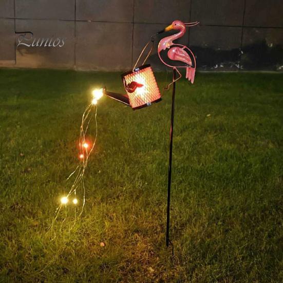 Romantic Garden Path Decor Flamingo Statue with Solar Watering Can Lights, Decorative Iron Weather Resistant Yard Decorations Outdoor Lawn Ornament