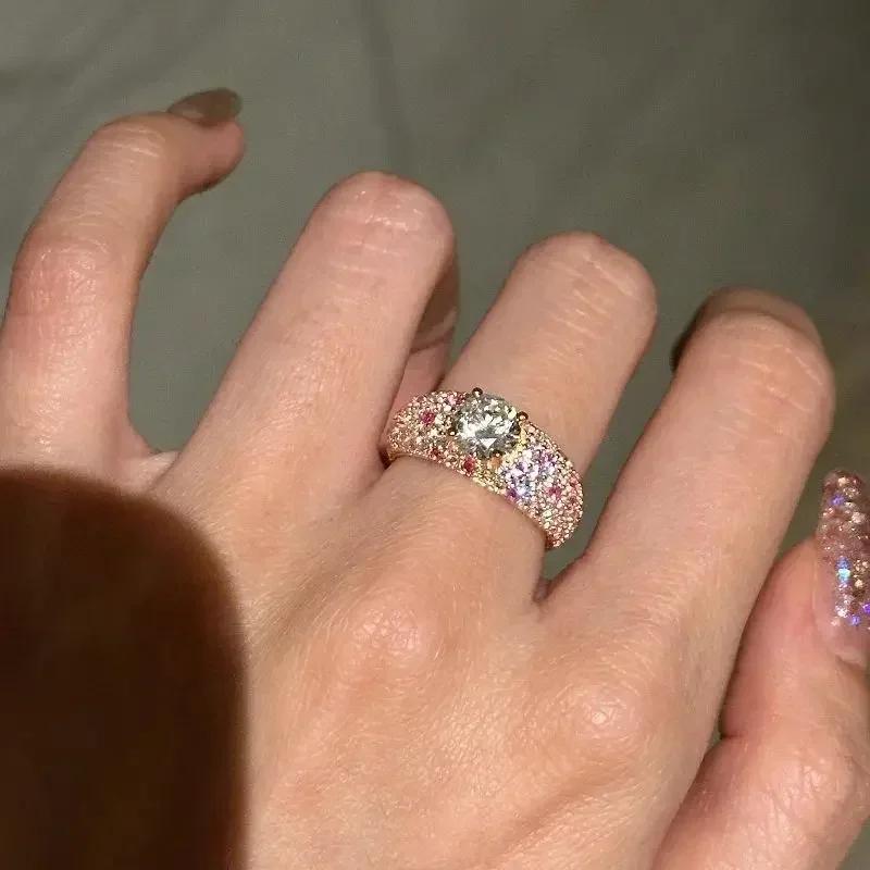 

инкрустированные сверкающие градиентные розовые кристаллические кольца для женщин легкие роскошные модные круглые драгоценные камни обручальное кольцо ювелирные изделия resizable