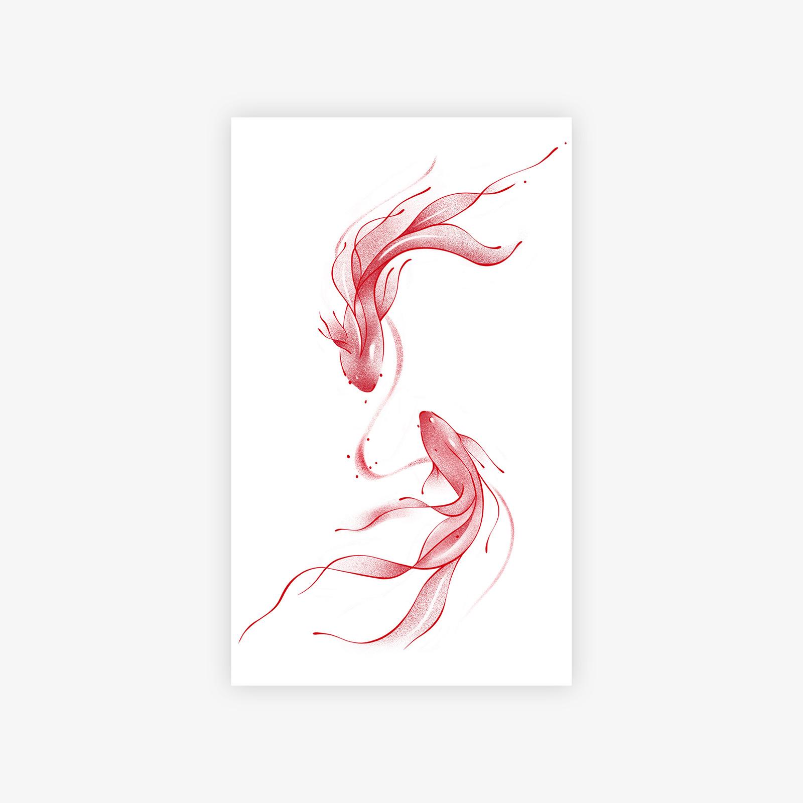 New Chinese Style Red Twin Koi Tattoo Sticker, Advanced Waist And Abdomen Tattoo Sticker 9*15