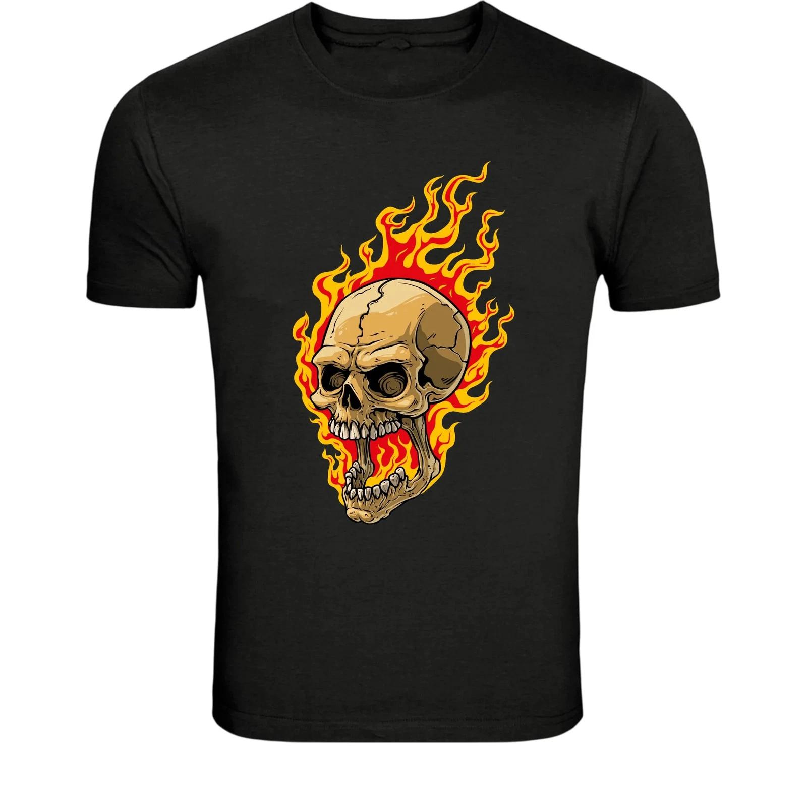 Flaming Skull Fire T-Shirt - Burning Skeleton Horror Graphic Tee L