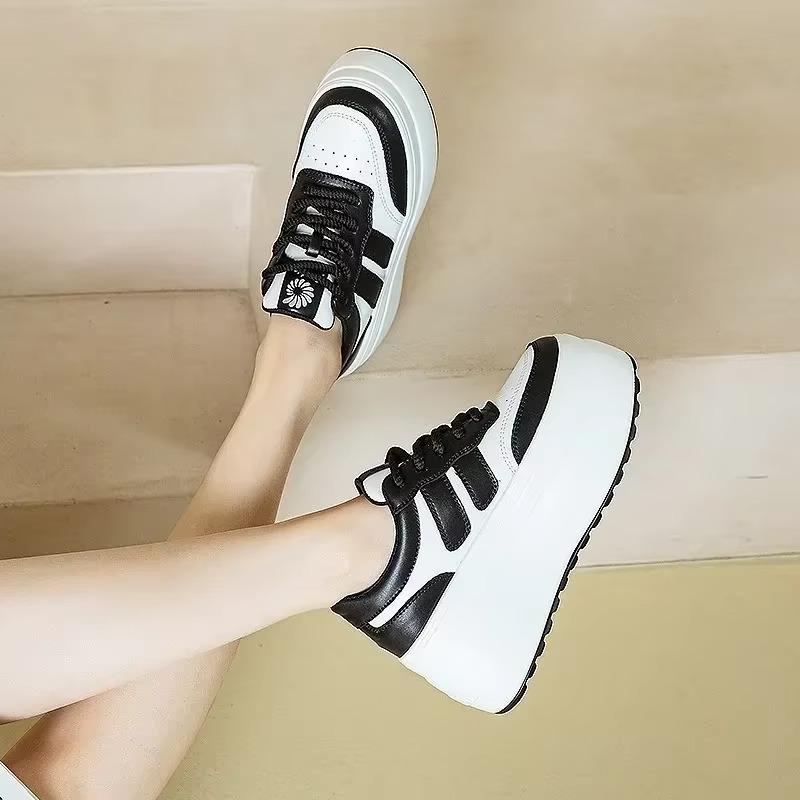 Fashion 8CM Trend Leather Women Synthetic Chunky Sneakers Spring Skateboarding Casual Platform Wedge Female Autumn Vulcanize Shoes