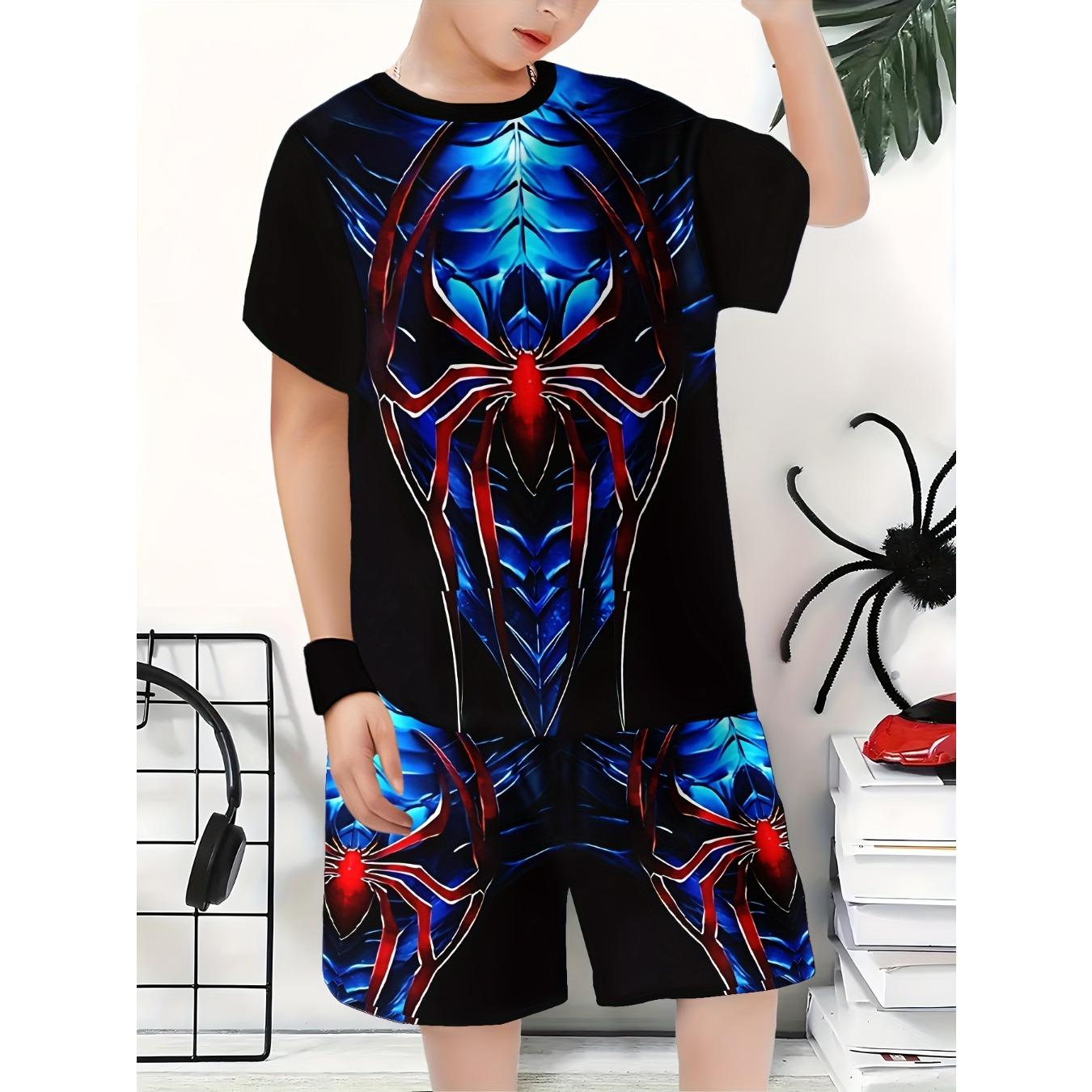 Boys 3D Print Casual T-Shirt and Shorts Set - Vibrant Spider Graphic, Red Blue Design 5-6Y