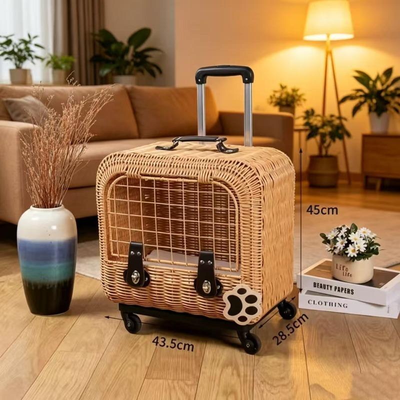 Rattan Woven Cat Ear Rolling Cat Carrier Breathable Escape-Proof Portable Large Capacity Pet Outdoor Travel Trolley for Cats New