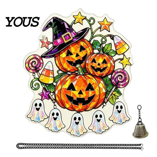 Pumpkin Party Decor Halloween Acrylic Hanging Decoration, Cartoon Ghost Ornament with Double Sided Bell, Suncatcher for Indoor Outdoor Holiday