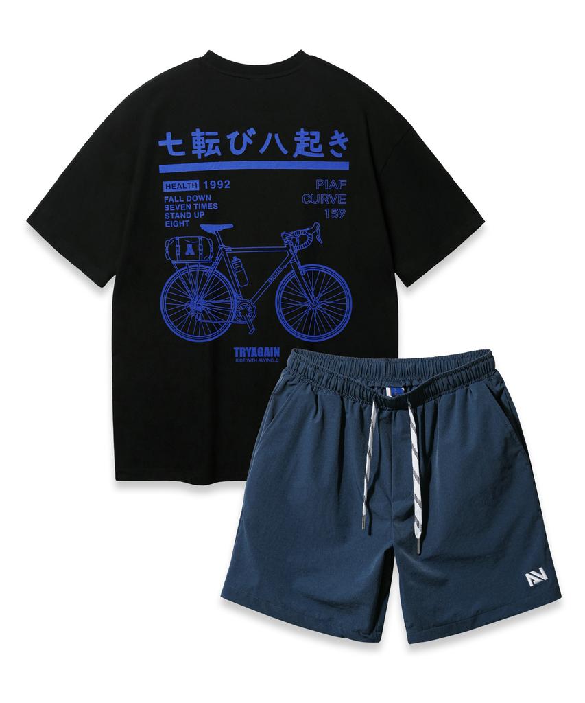 ALVINCLO [Set] Bicycle Oversized Short Sleeve T-Shirt With String Details Woven Shorts Set