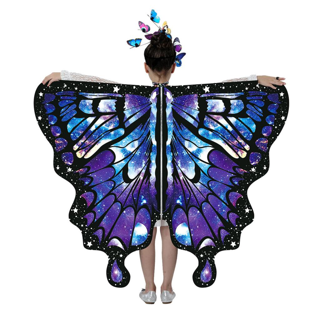 Schmetterlingsumhang für Kinder, Performance, Cosplay, buntes Feenflügel-Kostüm mit flatternden Ärmeln, mehrlagigem Saum, Karnevalsrock, Halloween-Stirnband, Maske