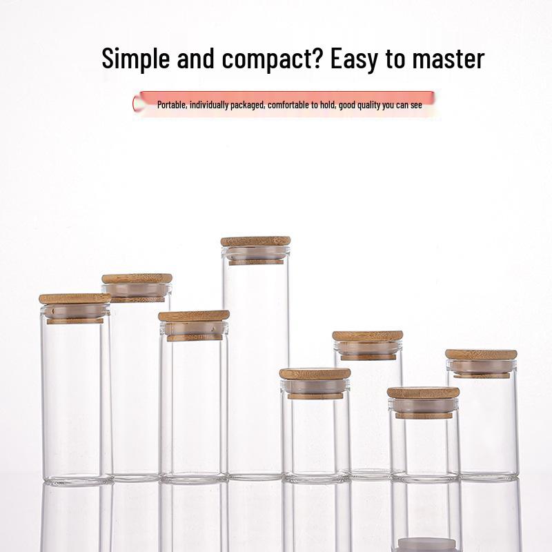 Agarwood Bamboo Lid Glass Display Bottle for Tea and Spices, 37mm Straight Opening.