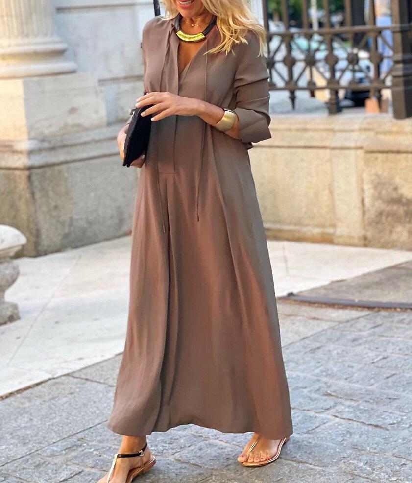 2025 European & American V-Neck Solid Color Long Sleeve Casual Dress for Autumn/Winter