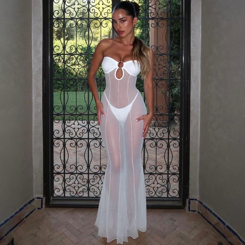 New Autumn and Winter Cross-border Women's Fashion One-shoulder Hollow Sexy Perspective Mesh Slim Dress for Women