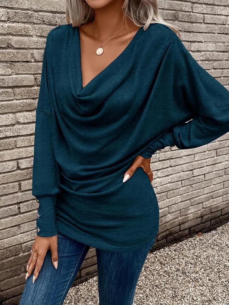 Women's Elegant V-neck Long-sleeve Solid Color T-shirt for Autumn/Winter