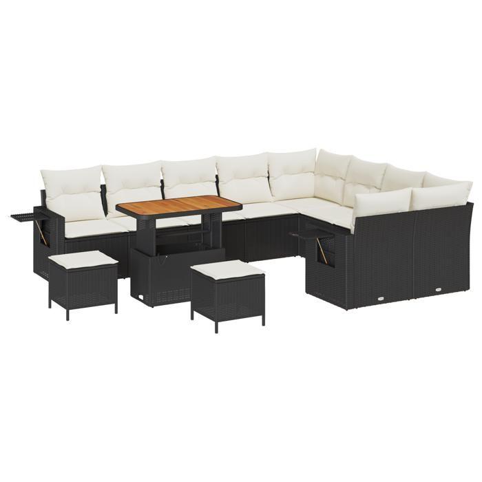 Set de Canapé de Jardin de 12 pièces vidaXL avec Coussins Noir Poly Rattan Acacia, Set de Salle à Manger de Jardin de 3 3363735
