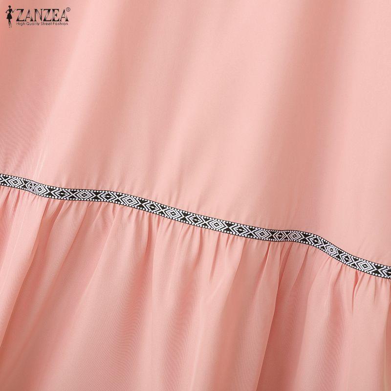 ZANZEA Kadın Rahat Yuvarlak Yaka Yaz Kısa Kollu Elbise