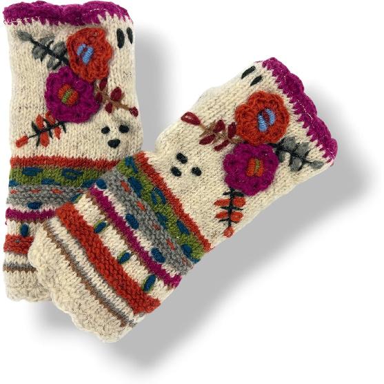 Ella Sussman Hand Knit Fingerless Embroidered 2 Flower Gloves Embroidered Wool Fleece Lined Texting Mittens Arm Warmers