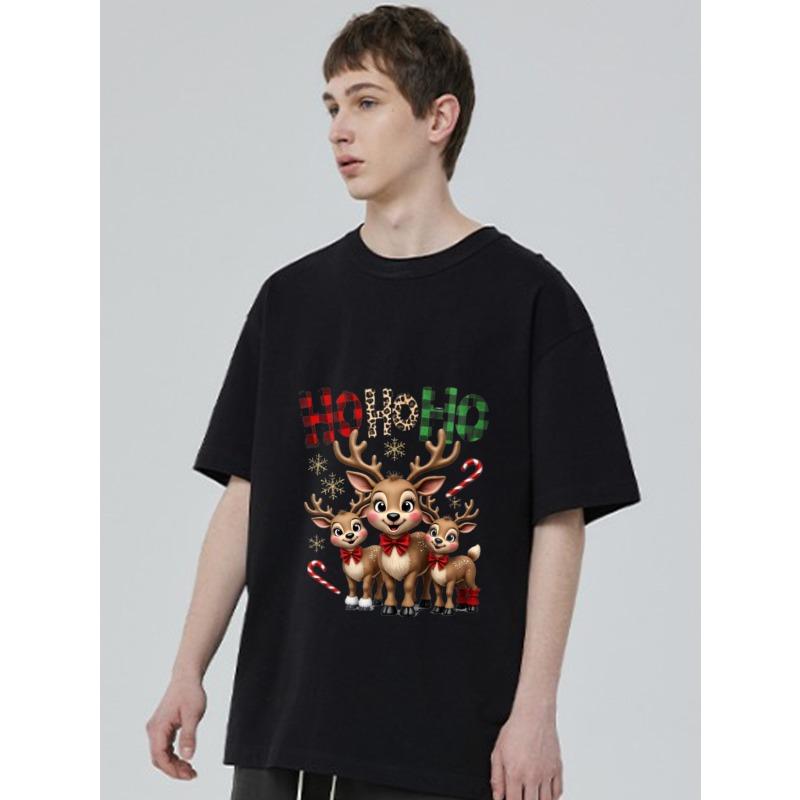 Christmas T-Shirt Black Reindeer Family Ho Ho Ho Snowflakes Candy Canes Holiday Print For Christmas Party
