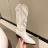 Women's Western Cowboy Boots Retro White Knee High Boots Fashion Comfort Walking Women's Long Boots Big Size 42 Botas Para Mujer