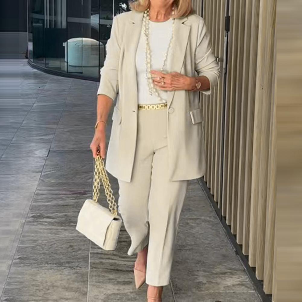 Costume Décontracté pour le Travail Ensemble Tailleur Élégant pour Femme d'Affaires avec Manteau à Revers Bouton Unique Pantalon Droit Taille Haute Long pour Ol