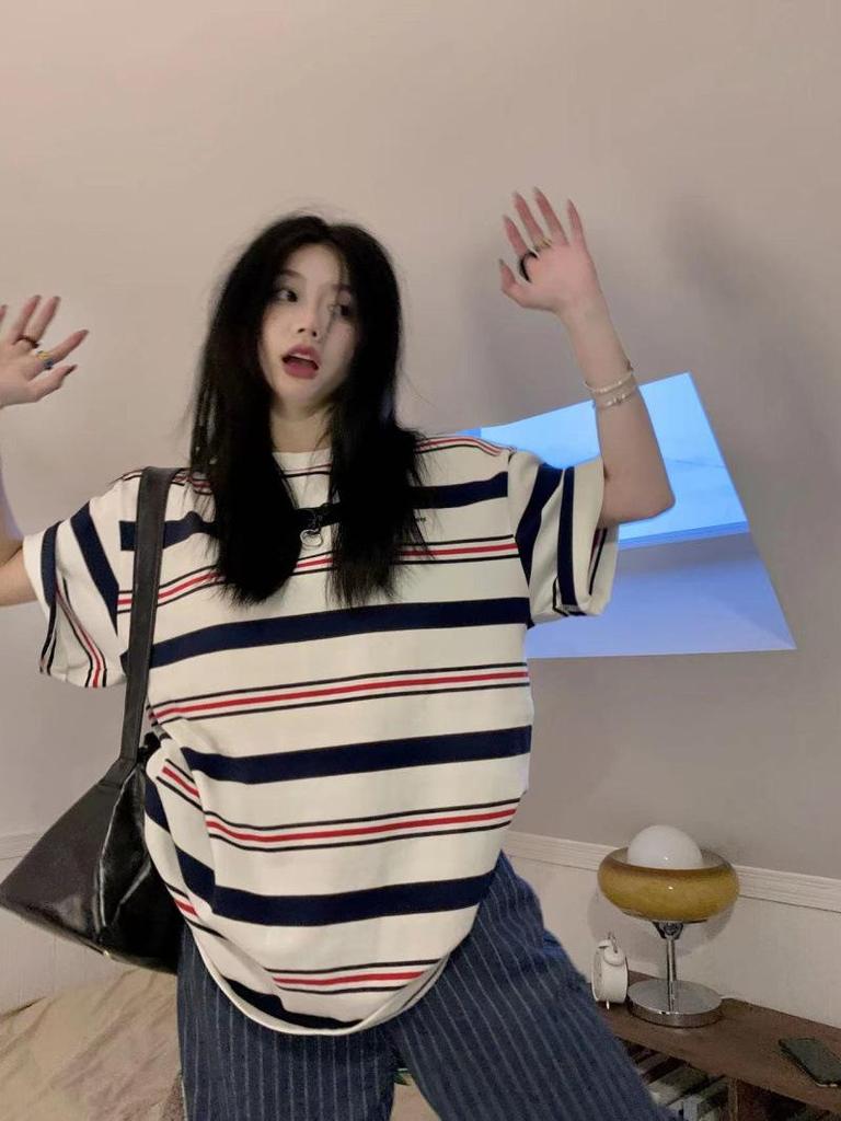 Women's 2024 Striped Pure Cotton Short-Sleeve T-Shirt - BF Style, Loose Fit, Casual Summer Top