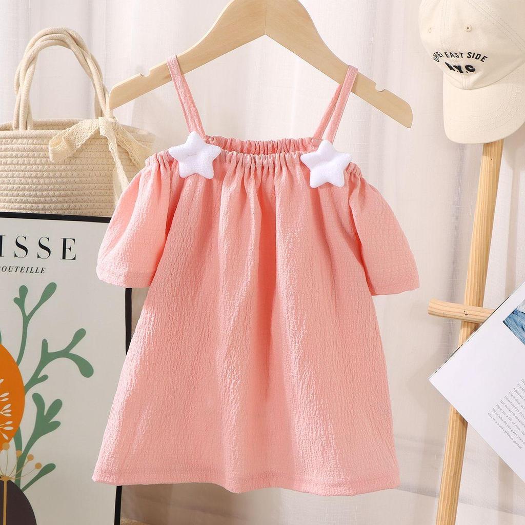 Summer Kids Cute Printing T-shirts Girls Off Shoulder Sling Loose Short Sleeve Star T-Shirt Baby Shirt Solid Color Top