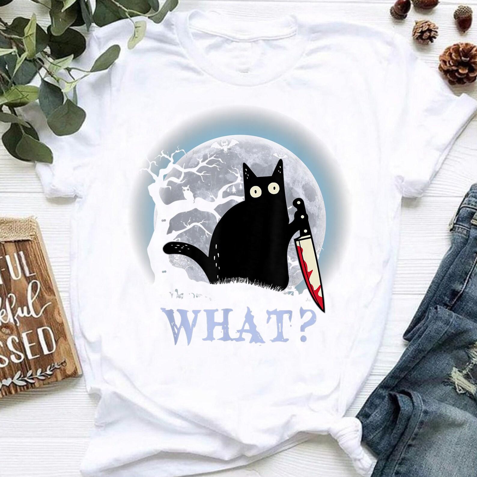 Cat What? Murderous Black Cat With Knife Halloween Costume, Black Cat, Funny Black CaT-Shirt, Funny Halloween shirt, Shirt for Men and Women M