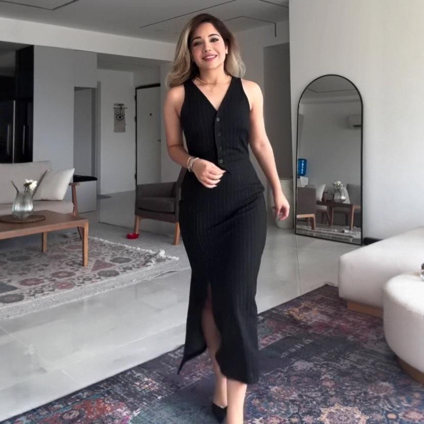 2025 Summer European & American Women s Striped V-neck Slit Long Dress L чёрный