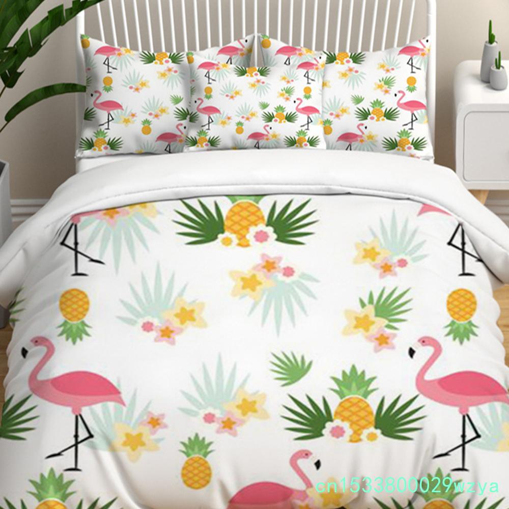 Modern Flamingo Pineapple Print Bedding Set Queen Tropical Plants Leaves Flowers Duvet Cover Hawaiian Islands Floral Pillowcases