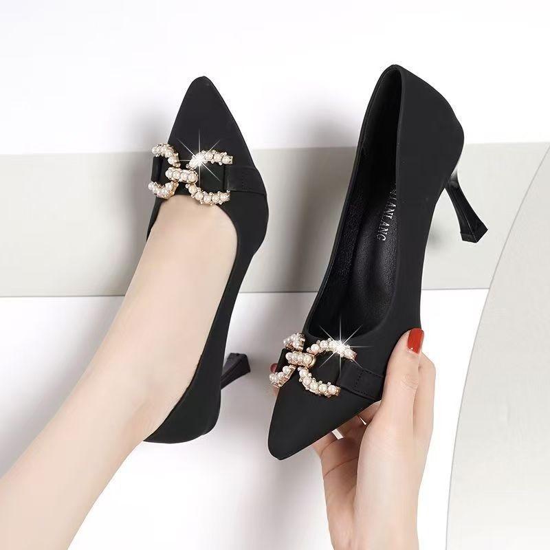 French temperament rhinestone high heels women's spring and autumn 2025 new pearl shallow mouth pointed head thin heel soft leather shoes