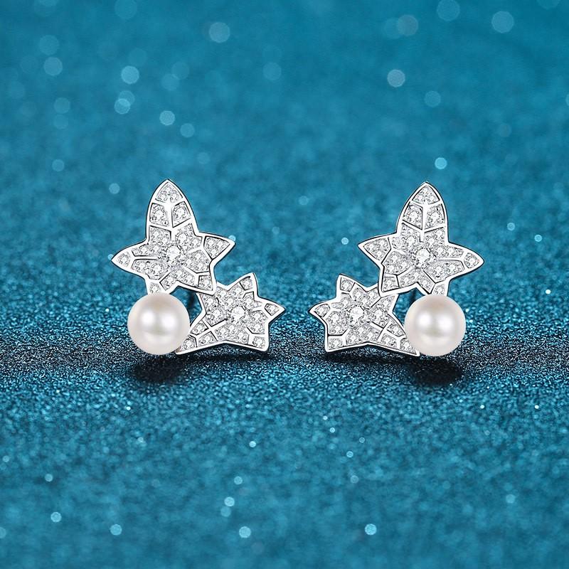Sterling Earrings Women With 6-7mm Freshwater Pearl 68-Facet Moissanite Floral Leaf Design