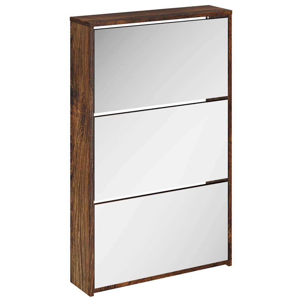 Shoe Cabinet with Mirror 3 Flip Down Compartments Smoked Oak Finish 63 x 17 x 102.5 cm
