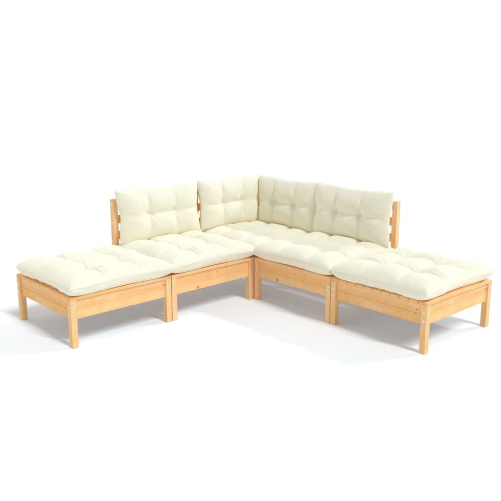 Vidaxl 5-Cz. Garden Lounge Set, Cream Cushions, Pine