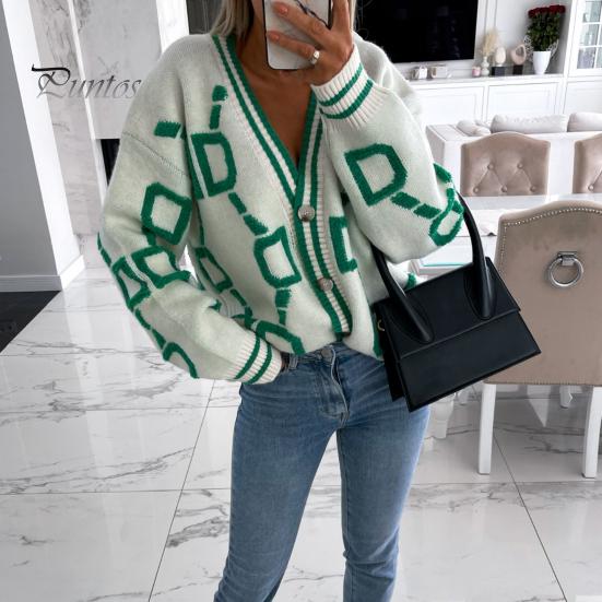 Cardigan V Neck Long Sleeve Ribbed Trim Knitted Coat Autumn Knit Winter Striped Pattern Buttons Placket Loose Sweater Outerwear Women Knitwear