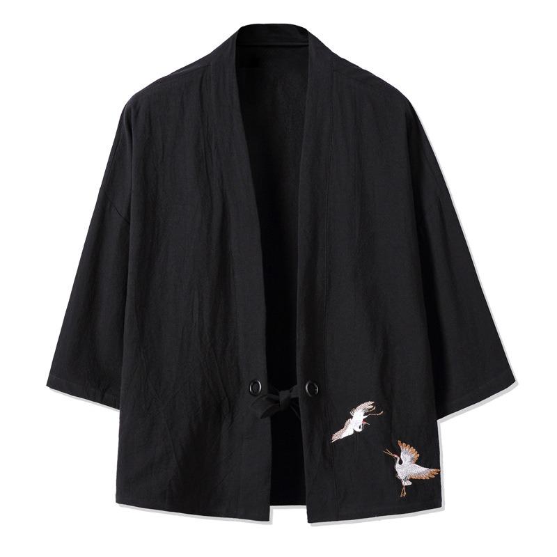 Men Chinese Style Retro Crane Embroidered Loose Open Front Hanfu Kimono Cardigan