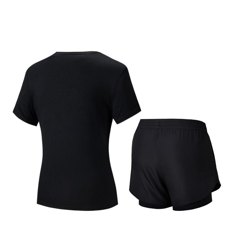 Anta Plain Round Neck Pullover Short Sleeve Sports Relaxed Shorts Set Women sets Basic-Black 962527205-3