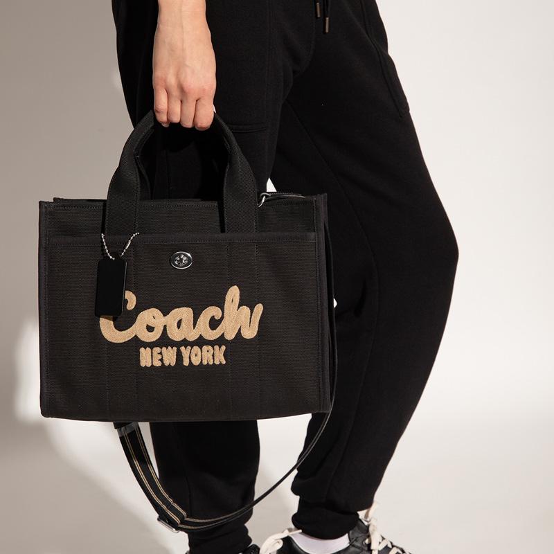 Coach Cargo 34 Logo Zip Canvas And Satin Shoulder Crossbody Tote Bag Large Women Handbags Black CP158-LHBLK