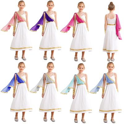Girls Ancient Greek Princess Costume High Waist Cami Dress Golden Embroidery Cape Arm Sleeve Halloween Outfit