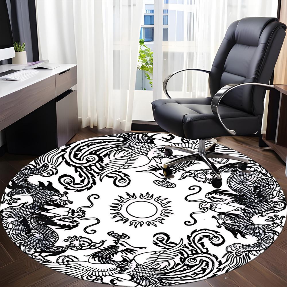 1pc Dragon Phoenix Circle Chair Carpet for Office, Round Non Slip Durable Large Size Office Carpet, Suitable for Office