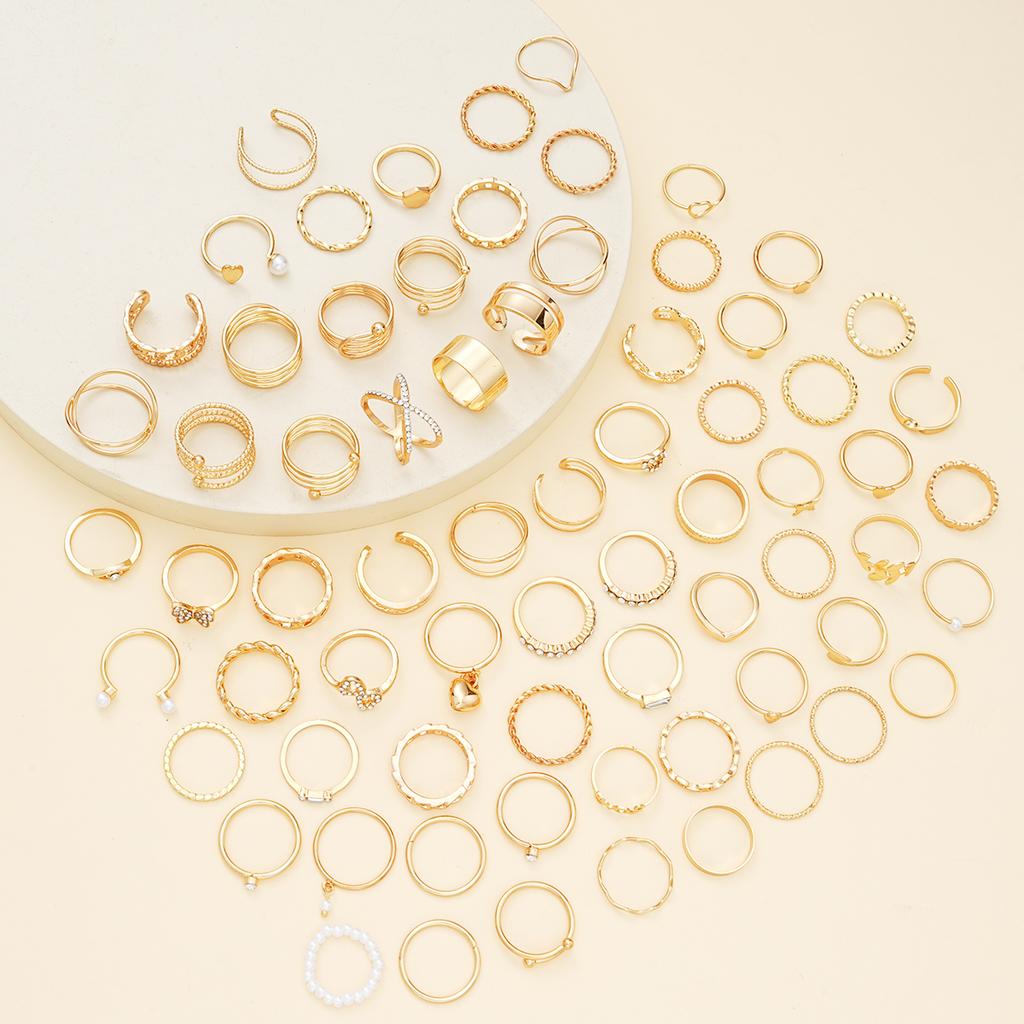 70Pcs/Set Retro Boho Crystal Ring For Women Geometry Pearl Heart Butterfly Gold Color Ring Set Fashion Party Jewelry Accessories