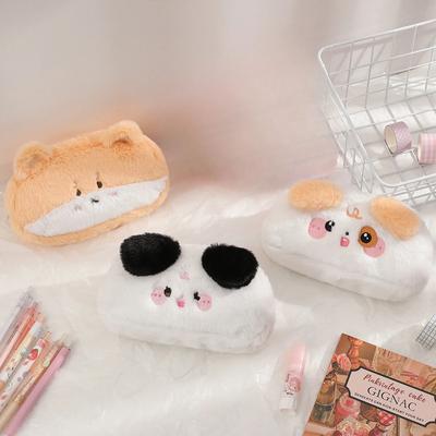 Cute Cartoon Puppy Plush Pencil Bag Kawaii Furry Large Capacity Kids Stationery Pen Pouch School Supplies Girls Soft Makeup Bag