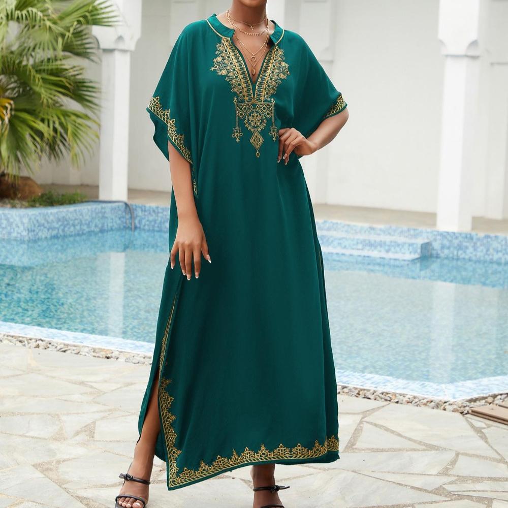 

Пляжные накидки, черные кафтаны с вышитыми цветами и воротником-стойкой для женщин, праздничные купальные костюмы больших размеров One Size зелёный