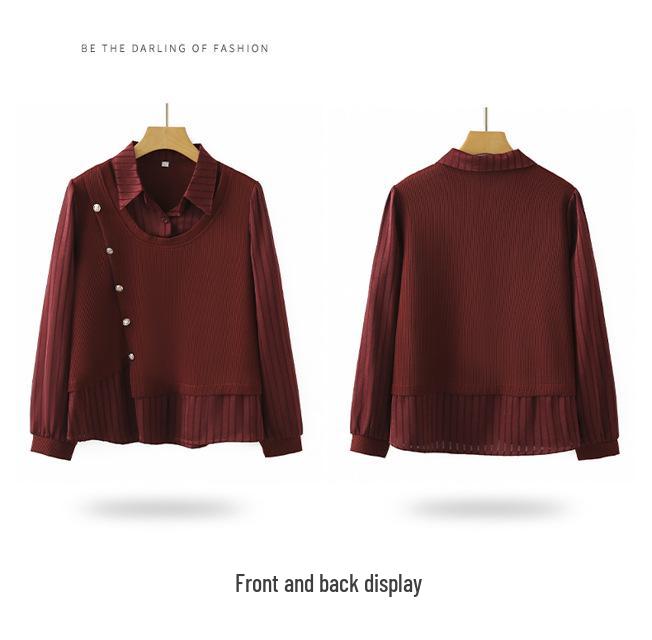 Stylish Knit Top for Middle-Aged and Elderly Women: Slimming, Loose, Faux Two-Piece, Long-Sleeved, Perfect for Spring and Autumn.