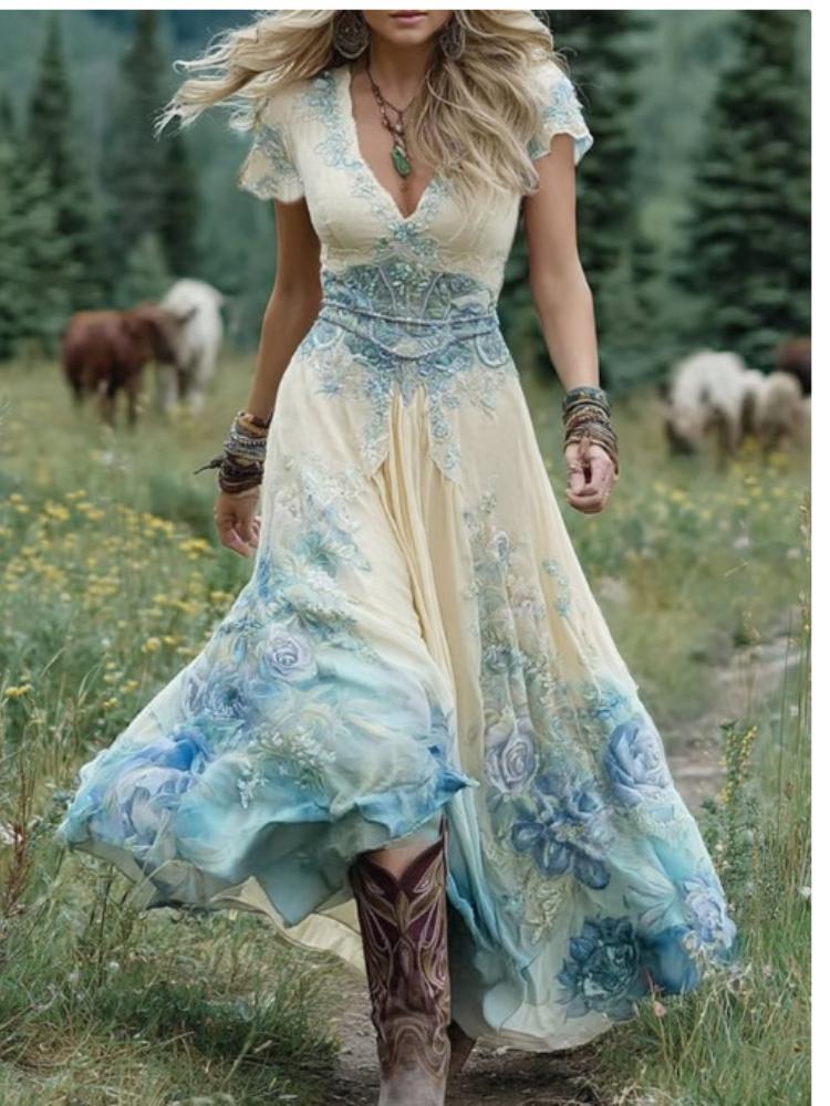 Sukienka maxi z długim rękawem w kwiatowy wzór, z zielono-fioletowym wzorem, w stylu casual boho