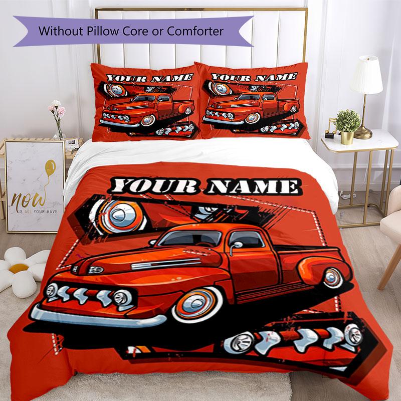 3PC Custom Name Custom Pickup Truck Art Bedding Set Printed Bedding Set Duvet Cover Closure Includes 1 Duvet Cover & 2 Pillowcases for All Seasons Bed