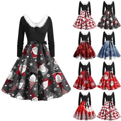 Vestido feminino vintage de manga comprida estampa de natal anos 1950 dona de casa festa à noite baile